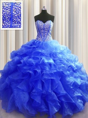 Fashionable Visible Boning Royal Blue Lace Up Quinceanera Dresses Beading and Ruffles Sleeveless Floor Length