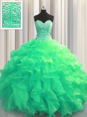 Traditional Light Blue Ball Gowns Sweetheart Sleeveless Organza Floor Length Lace Up Beading and Ruffles Quinceanera Gown