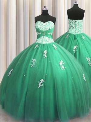 Modest Sleeveless Tulle Floor Length Lace Up Ball Gown Prom Dress in Turquoise for with Beading and Appliques