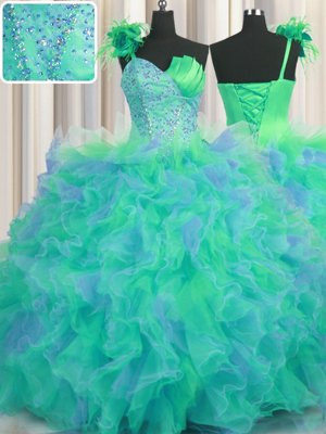 Artistic Handcrafted Flower Multi-color Ball Gowns Tulle One Shoulder Sleeveless Beading and Ruffles and Hand Made Flower Floor Length Lace Up Sweet 16 Quinceanera Dress