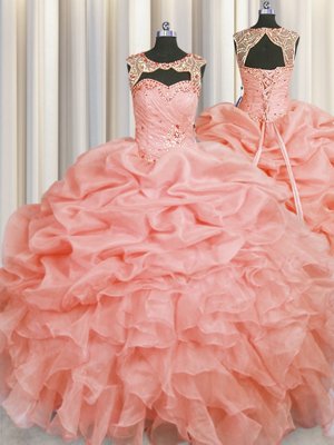 Baby Pink Ball Gowns Organza Scoop Sleeveless Beading and Pick Ups Floor Length Lace Up Quinceanera Gown