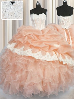 Pick Ups Floor Length Peach Vestidos de Quinceanera Sweetheart Sleeveless Lace Up