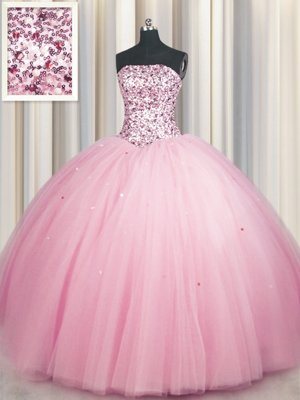 Big Puffy Sleeveless Tulle Floor Length Lace Up Sweet 16 Dress in Pink for with Sequins