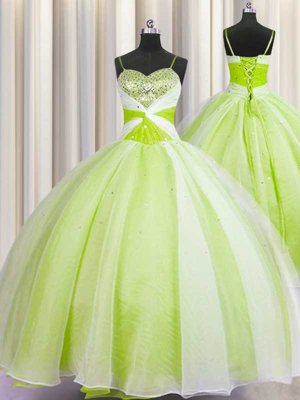 Yellow Green Spaghetti Straps Lace Up Beading and Ruching Quinceanera Dresses Sleeveless