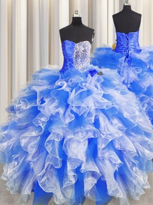 Pretty Sleeveless Organza Floor Length Lace Up Quince Ball Gowns in Watermelon Red for with Beading and Ruffles and Ruching and Pick Ups
