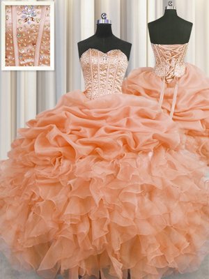Elegant Sleeveless Beading and Ruffled Layers and Pick Ups Lace Up Ball Gown Prom Dress