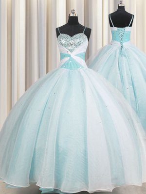 Spaghetti Straps Sleeveless Organza Sweet 16 Dress Beading and Ruching Lace Up