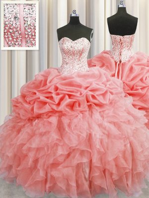 Most Popular Visible Boning Organza Sweetheart Sleeveless Lace Up Ruffles and Pick Ups Ball Gown Prom Dress in Watermelon Red
