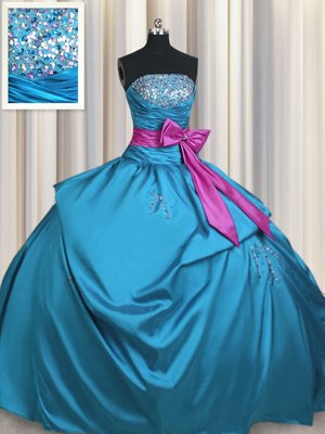 Teal Ball Gowns Taffeta Strapless Sleeveless Beading and Ruching and Bowknot Floor Length Lace Up Sweet 16 Quinceanera Dress