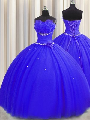 Handcrafted Flower Ball Gowns Sweet 16 Dresses Royal Blue Strapless Tulle Sleeveless Floor Length Lace Up