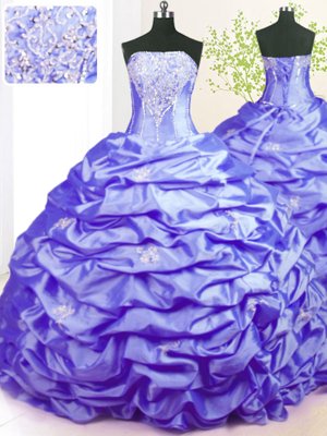 Romantic Lavender Taffeta Lace Up Sweet 16 Quinceanera Dress Sleeveless With Train Sweep Train Beading and Pick Ups