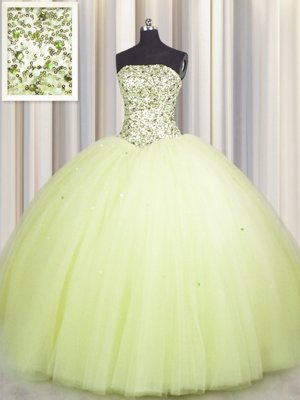 Noble Big Puffy Light Yellow Ball Gowns Tulle Strapless Sleeveless Beading and Sequins Floor Length Lace Up Sweet 16 Dresses