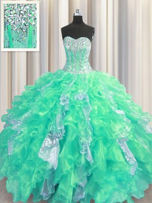 Turquoise Lace Up Sweetheart Beading and Ruffles and Sequins Sweet 16 Dresses Organza and Sequined Sleeveless
