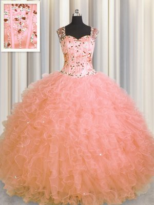 Exceptional See Through Zipper Up Sleeveless Beading and Ruffles Zipper Quinceanera Gown