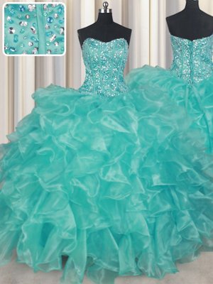 Turquoise Sleeveless Organza Lace Up Ball Gown Prom Dress for Military Ball and Sweet 16 and Quinceanera