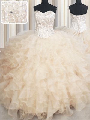 Great Champagne Sleeveless Floor Length Beading and Ruffles Lace Up Quinceanera Dress