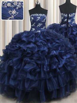 Navy Blue Lace Up Strapless Appliques and Ruffles and Pick Ups Sweet 16 Dresses Organza Sleeveless