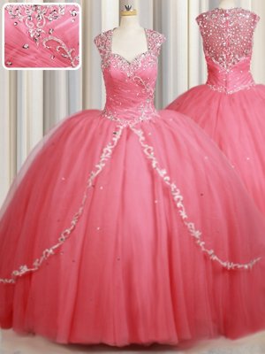 Modest Straps Straps Watermelon Red Cap Sleeves Tulle Sweep Train Zipper 15 Quinceanera Dress for Military Ball and Sweet 16 and Quinceanera