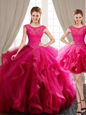 Three Piece Scoop With Train Hot Pink Quinceanera Gowns Tulle Brush Train Cap Sleeves Beading and Appliques and Ruffles