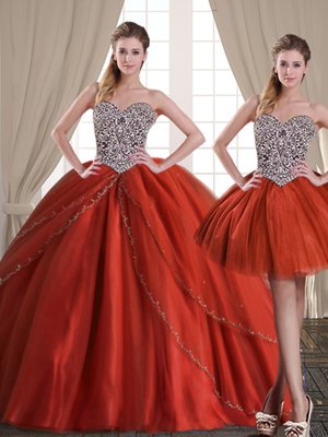 Designer Three Piece Rust Red Sweetheart Lace Up Beading Quince Ball Gowns Brush Train Sleeveless