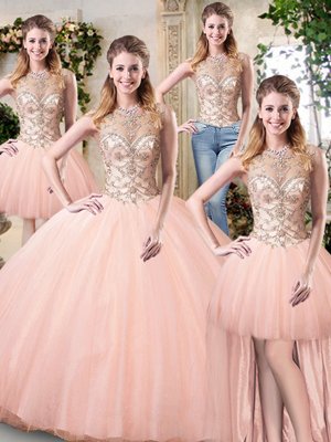 Cute Peach Quinceanera Gown Military Ball and Sweet 16 and Quinceanera and For with Beading Scoop Sleeveless Lace Up