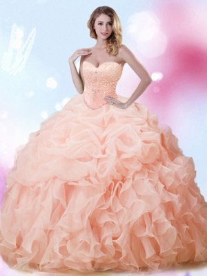 Sweetheart Sleeveless Organza Ball Gown Prom Dress Beading and Ruffles and Pick Ups Brush Train Lace Up