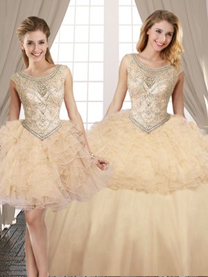 Pretty Three Piece Scoop Floor Length Lace Up 15th Birthday Dress Champagne and In for Military Ball and Sweet 16 and Quinceanera with Beading and Ruffles
