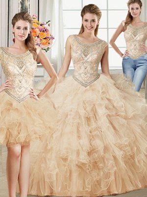 Ideal Three Piece Champagne Tulle Lace Up Scoop Sleeveless Floor Length Sweet 16 Dresses Beading and Ruffles