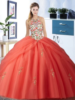 Dazzling Orange Red Halter Top Neckline Embroidery and Pick Ups Ball Gown Prom Dress Sleeveless Lace Up