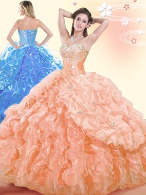 Extravagant Orange Ball Gowns Sweetheart Sleeveless Organza Floor Length Lace Up Beading and Ruffles and Pick Ups Quinceanera Gown
