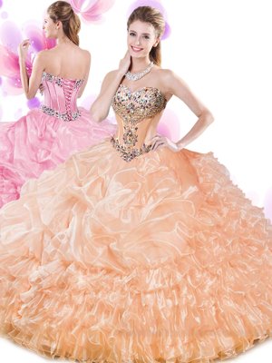 Charming Organza Sweetheart Sleeveless Lace Up Beading and Ruffled Layers and Pick Ups Quinceanera Gowns in Orange