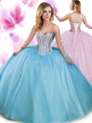 Fine Tulle Sweetheart Sleeveless Lace Up Beading Sweet 16 Dress in Orange Red