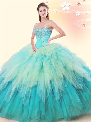 Off the Shoulder Teal Sleeveless Floor Length Beading and Ruffles Lace Up Sweet 16 Quinceanera Dress