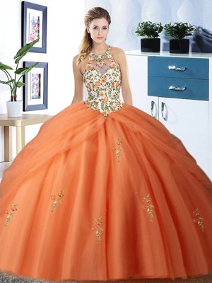 Halter Top Sleeveless Tulle Floor Length Lace Up Sweet 16 Dress in Orange for with Embroidery and Pick Ups