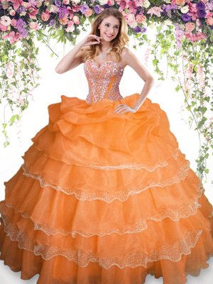 Sophisticated Orange Organza Lace Up Sweetheart Sleeveless Floor Length Quinceanera Dresses Beading and Ruffled Layers and Pick Ups
