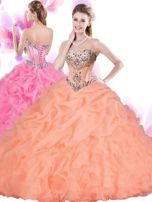 Sweetheart Sleeveless Sweet 16 Dress Floor Length Beading and Ruffles Orange Red Tulle