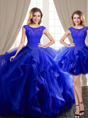Three Piece Brush Train Ball Gowns Quinceanera Gowns Royal Blue Scoop Tulle Cap Sleeves With Train Lace Up