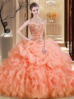 Discount Orange Organza Lace Up Sweetheart Sleeveless Quinceanera Dresses Brush Train Beading and Embroidery and Ruffles