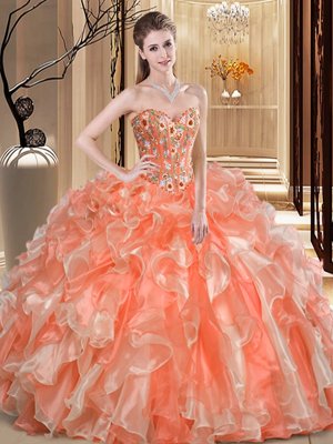 Comfortable Orange Sleeveless Beading and Ruffles Floor Length Vestidos de Quinceanera