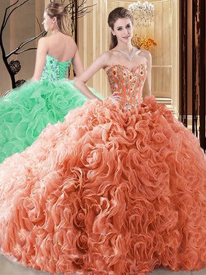 Orange Fabric With Rolling Flowers Lace Up Sweetheart Sleeveless Floor Length Sweet 16 Dresses Embroidery and Ruffles