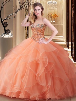 Wonderful Sweetheart Sleeveless Ball Gown Prom Dress Floor Length Beading Orange Tulle