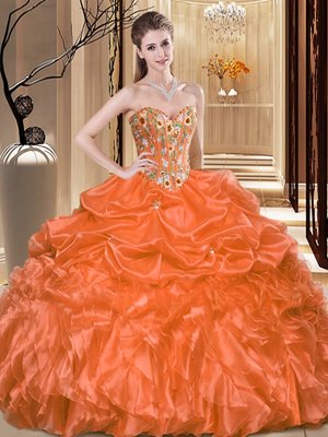 Orange Organza Lace Up Quinceanera Gown Sleeveless Floor Length Embroidery and Ruffles