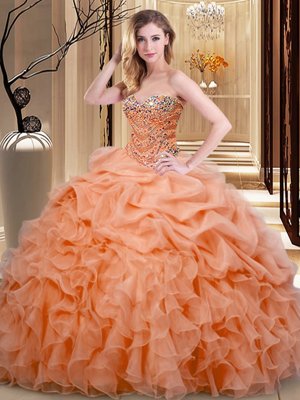 Orange 15 Quinceanera Dress Military Ball and Sweet 16 and Quinceanera and For with Beading and Ruffles and Pick Ups Sweetheart Sleeveless Lace Up
