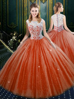 Luxurious Orange Red High-neck Zipper Lace Quinceanera Gown Sleeveless