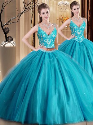Glittering Teal Tulle Lace Up Spaghetti Straps Sleeveless Floor Length 15th Birthday Dress Beading and Lace and Appliques