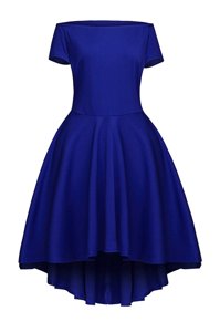 Blue A-line Satin Bateau Short Sleeves Ruching Tea Length Side Zipper Cocktail Dress