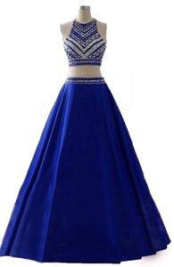 Scoop Beading Dress for Prom Royal Blue Zipper Sleeveless Floor Length