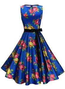 Scoop Sleeveless Knee Length Sashes|ribbons and Pattern Zipper Cocktail Dress with Multi-color