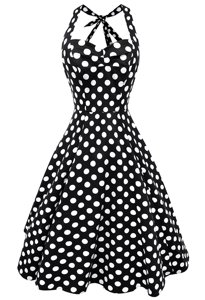 Low Price White And Black Backless Scoop Pattern Cocktail Dress Satin Sleeveless