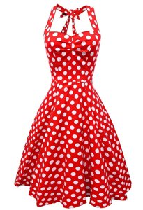 Scoop Sleeveless Satin Knee Length Backless Cocktail Dress in White And Red for with Pattern